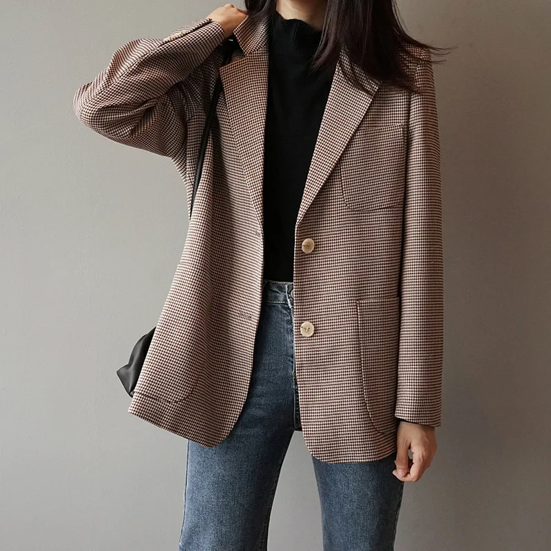 Houndstooth Check Suit Jacket 2019 New Arrival Woman Vintage Lattice Suit Loose Coat England Blazer Tops Houndstooth Check Suit Jacket 2019 New Arrival Woman Vintage Lattice Suit Loose Coat England Blazer Tops