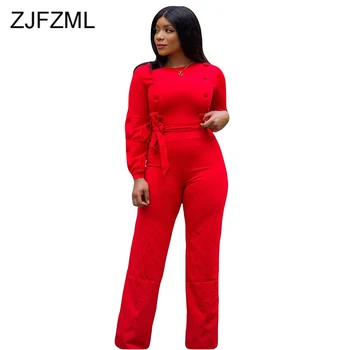 

Buttons Sexy Wide Leg Jumpsuit Women Round Neck Elegant Solid Long Sleeve Bodysuit 2019 Autumn Winter Belted Loose Playsuits