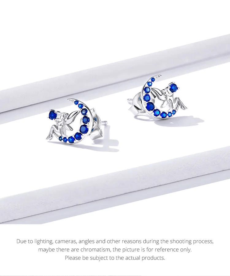 pearl earrings bamoer Genuine 925 Sterling Silver Cat on the Moon Round Blue Stud Earrings for Women Ear Pins Fine Jewelry SCE880 gold hoop earrings