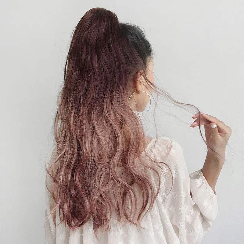 

MSTN Natural Fluffy Long Wavy Ponytail Ombre Ponytail Claw Clip on Hair Extension Mini Grab Type Brown Pink Hairband for Women