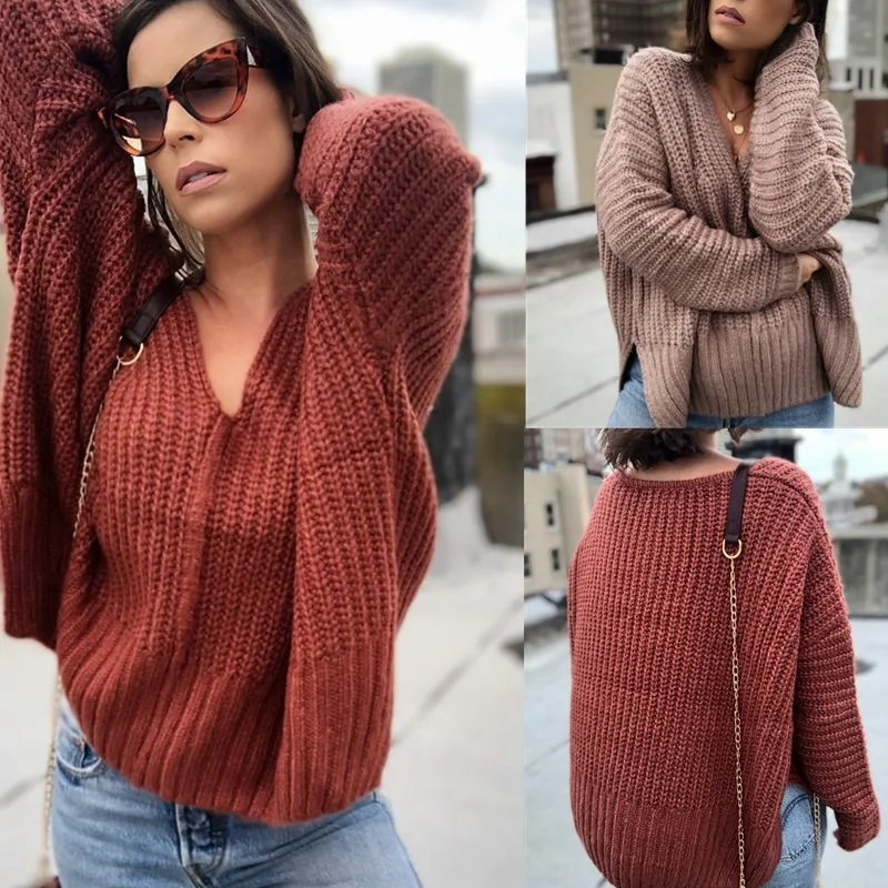 

2020 New autumn and winter sweater Europe and America pure color V-neck side open fork loose show thin knitting keep warm