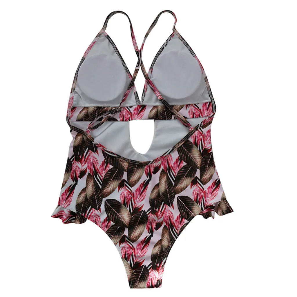 Summer one piece Swimwear Women Fringe Leaf Print Bikini Beachwear Party Bath Playful Fresh Sweet Sexy High Waist Bikini Hot XL 
