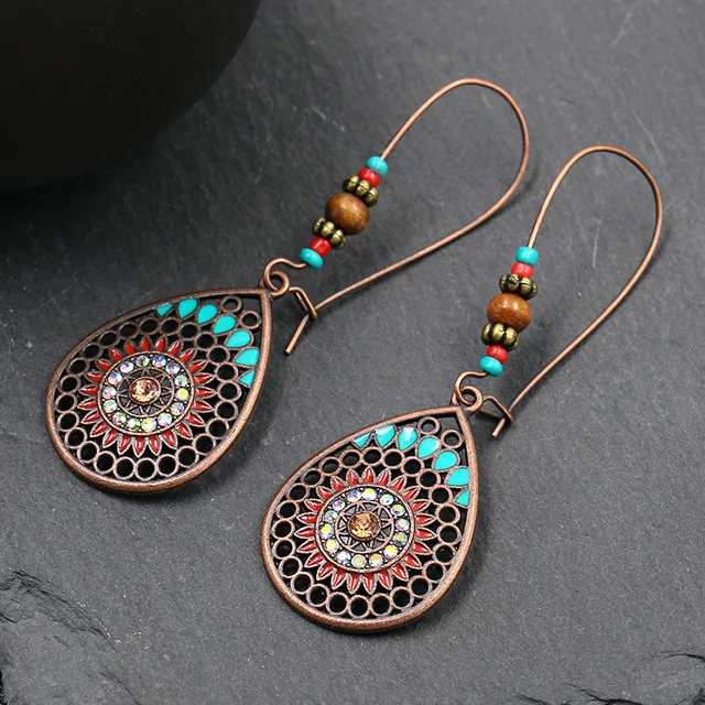 Exknl Fashion Vintage Drop Earrings For Women Alloy Crystal Ethnic Beads Boho Flower Earrings Colorful Dangle Earrings Jewelry 1267
