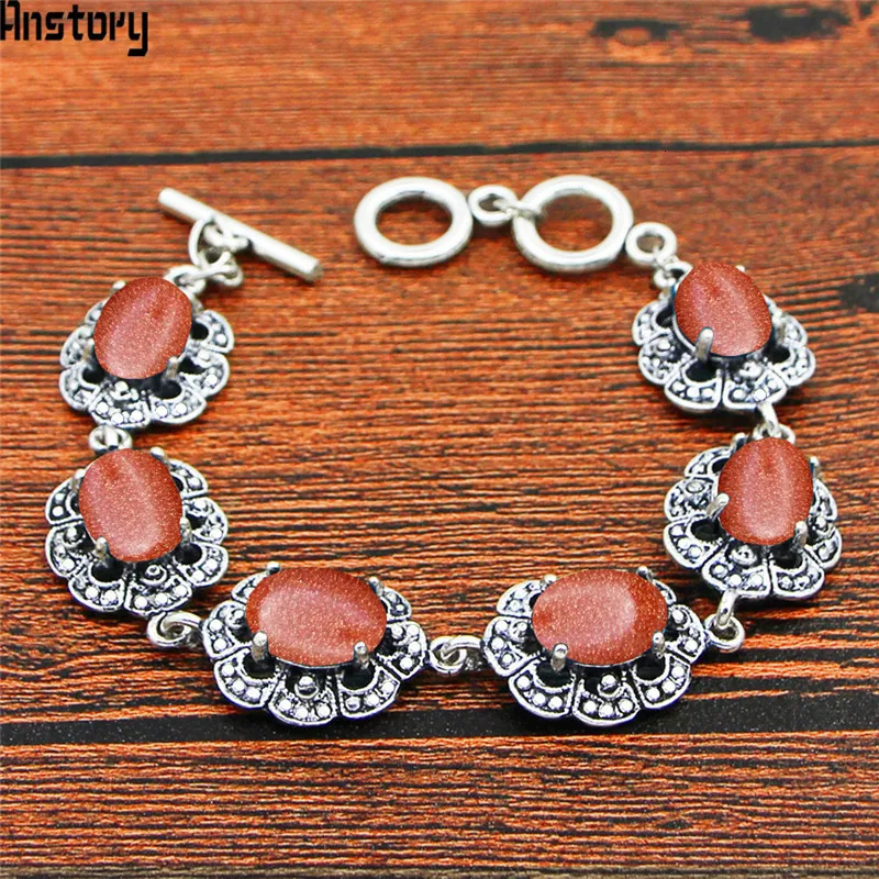 Oval Golden Sequins Stone Bracelet Flower Design Vintage Look Antique Silver Plated Fashion Jewelry For Woman TB351