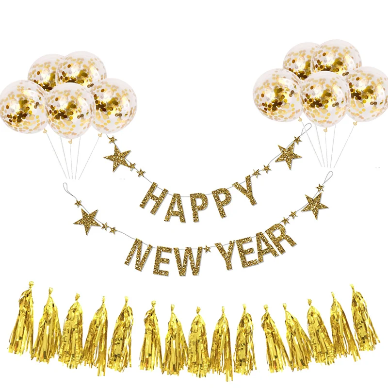 

Gold HAPPY NEW garland balloons 2020 new year party decoration backdrop tassel balloon Glittering happy new year banner supplies