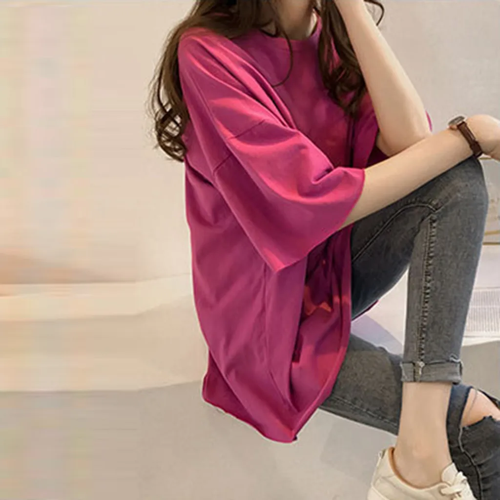 P-g корейская однотонная свободная футболка большого размера Женская Повседневная футболка с длинным рукавом Женский пуловер с круглым вырезом Футболка Vogue Топы