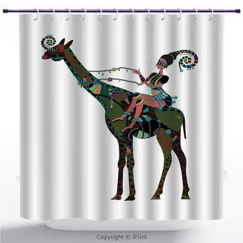 

Shower Curtain/Folk Art, Abstract Design Woman Riding A Giraffe in Indigenous Clothes, Multicolor/Polyester Fabric Bathroom
