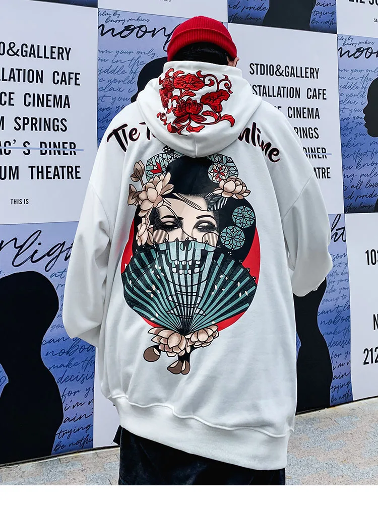 Мужская толстовка с капюшоном в стиле хип-хоп японская гейша Harajuku уличная вышитая Цветочная Толстовка пуловер Хлопок осенний японский стиль