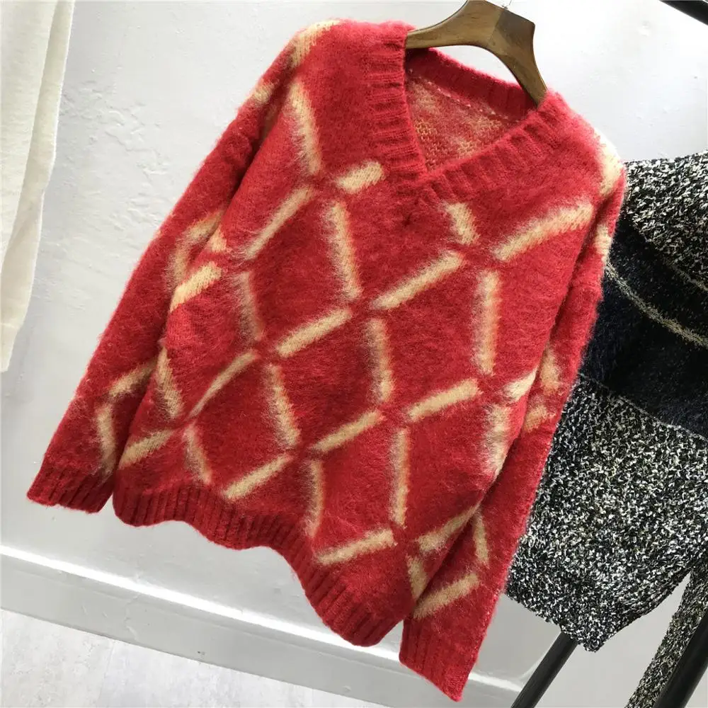 Autumn and winter loose mohair woolen sweater female red V-neck knitted pullovers ladies jumper | Женская одежда