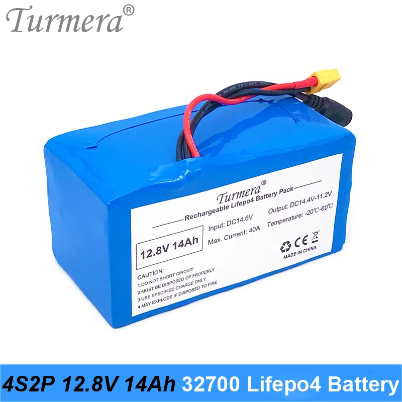 Turmera 32700 Lifepo4 Battery Pack 4S2P 12.8V 14Ah with 4S 40A Balanced BMS for Electric Boat and Uninterrupted Power Supply 12V 09