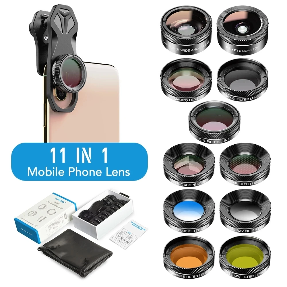 Apexel 11 In 1 Camera Phone Lens Kit Wide Angle Macro Full Color/grad