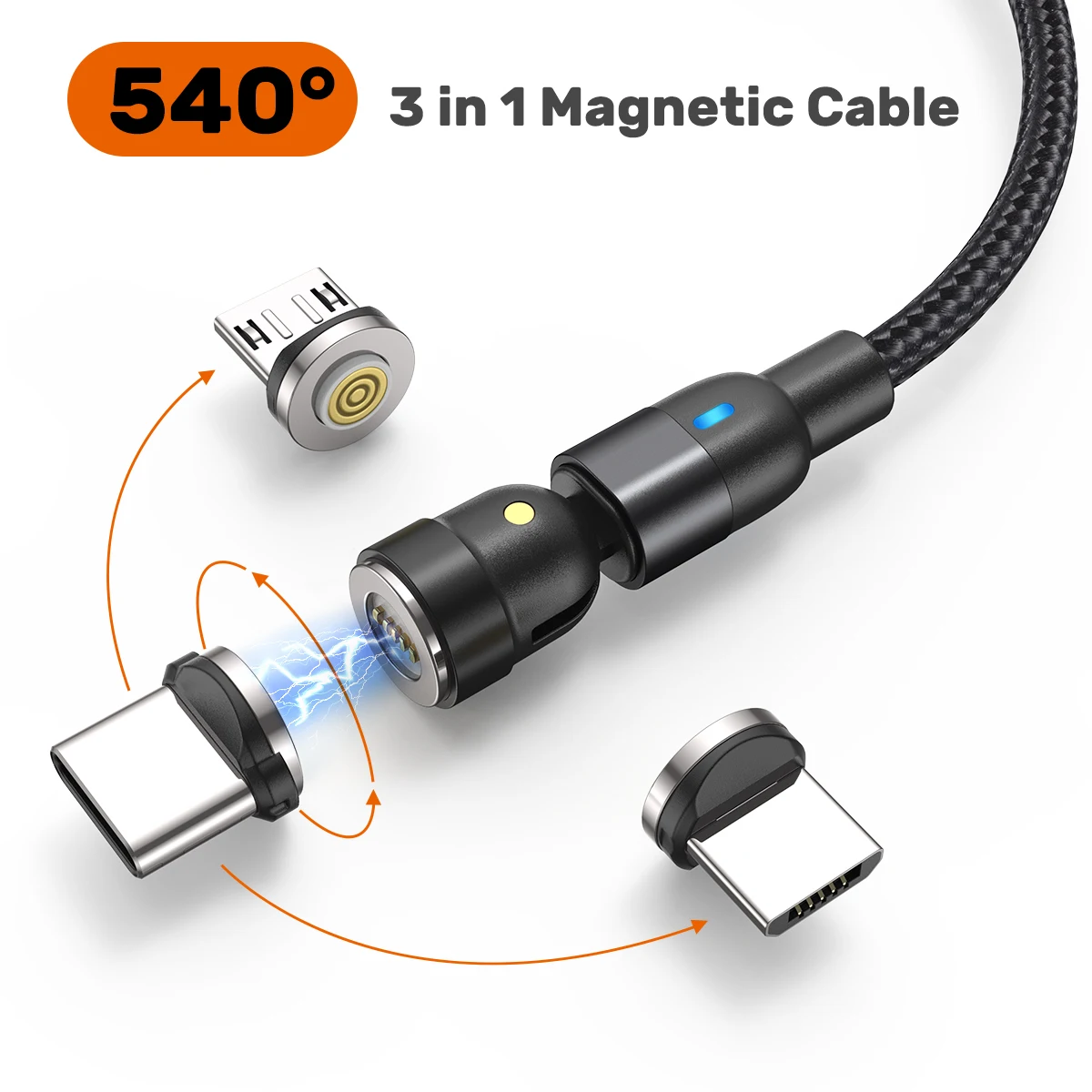 AUFU 3 in 1 Magnetic Fast Charging Cable 2m 1m 3m For iPhone Xiaomi Samsung Type C Cable Micro USB Magnet Charger 3 Pack