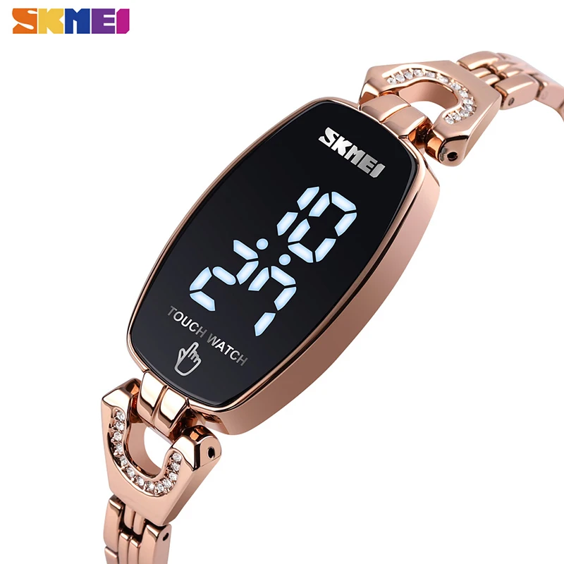 SKMEI LED Touch женские часы, модные бриллиантовые тонкие цифровые женские наручные часы, ремешок из нержавеющей стали, водонепроницаемые часы 1588|Женские часы|   | АлиЭкспресс