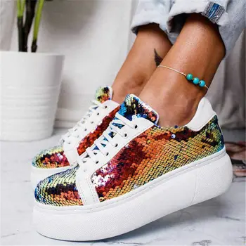

2020 IG HOT Sale Sneakers Sequined Fashion Brand New Big Sizes 42 Women Shoes Casual Flat Platform Vulcanize Footwear