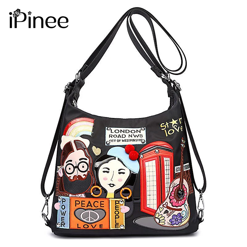 

iPinee Fashion Cartoon Figure Design Women Nylon Bags Hand Embroidery Shoulder Bags Ladies Crossbody Bags Multifunction Bags