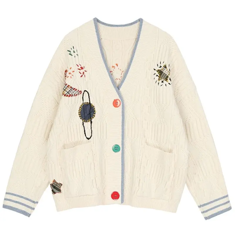 

Vintage Cardigan Sweater Women Buttons Autumn Winter Embroidery Stitching Knitted Sweater Female Long Slevee 2020 Woman Tops New