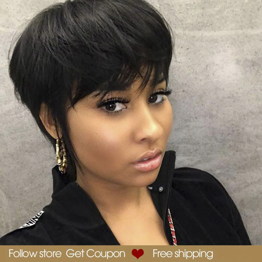 Perruque Peruvienne Naturelle Remy Cheveux Lisses Coupe Pixie Coupe Courte Ample Et Bouclee Avec Frange Pour Femmes Africaines Melange De Couleurs Rouge Aliexpress