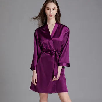 

Classic Purple Robes Pajamas Female Spring Summer Faux Silk Sleep Robe Large Size Loose Bathrobe Bride Robe Bridesmaid Robes