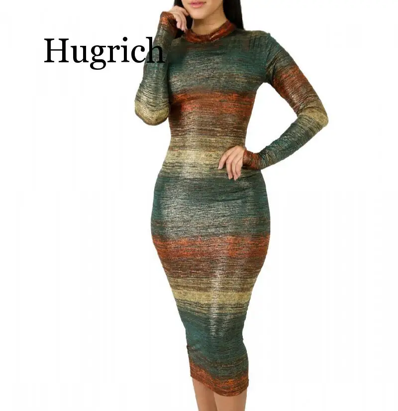 

Plus Size Elegant Bodycon Dress 2020 Women Full Sleeve Colorful Print Pacakge Hip Dress Autumn Stand Collar Bandage Dress