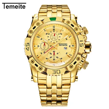 

TEMEITE brand man watches full steel luxury gold mens wristwatches quartz waterproof male clocks Citizen movement 3D dial design