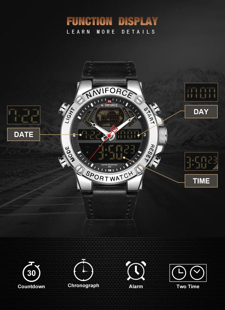 Часы naviforce Роскошные брендовые кожаные водонепроницаемые спортивные мужские кварцевый аналог цифровые наручные часы с коробкой набор для продажи