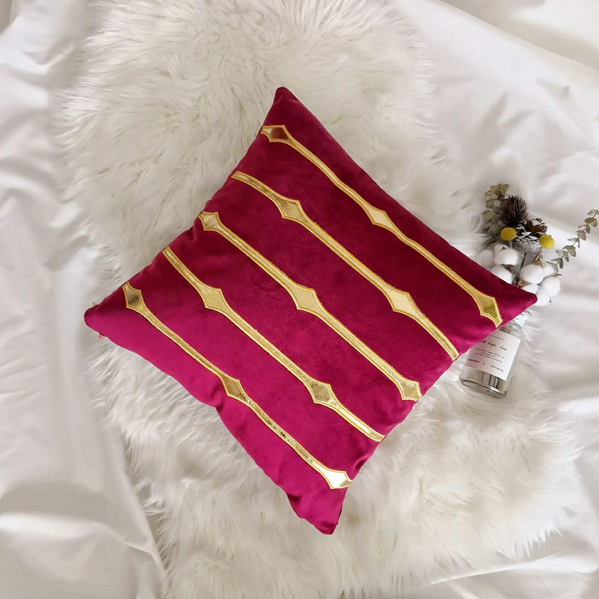 45x45cm wine/deep green/grey/deep blue color velvet cushion cover gold pu leather embroidered waist pillowcase sofa pillow |