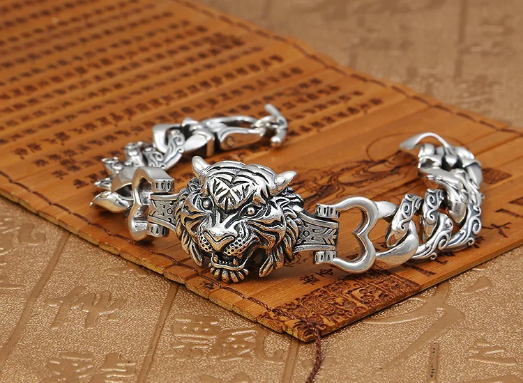 s4486(批发s925纯银复古创意老虎头手链男士泰银工艺个性藤花纹手饰