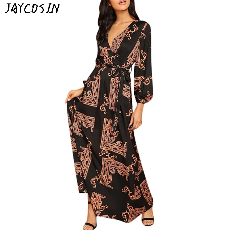 JAYCOSIN красивые платья мода 2019 женское платье с длинным рукавом и v образным