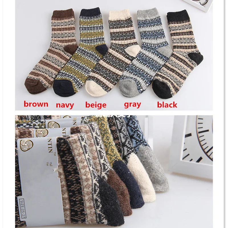 

5 pair New men's warm cotton socks thick rabbit wool super soft retro ethnic style socks in winter