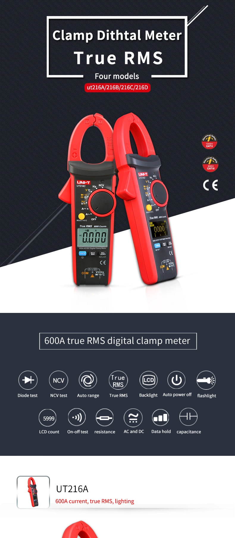 Карманный ручной 600A True RMS цифровой клещи измерительный инструмент цифровой амперметр резистор конденсатор частота NCV тест
