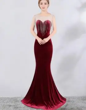 4 Халат De Soiree Бургундия бархат Русалка вечернее платье Элегантный vestido de festa Пром платье кисточкой Бисероплетение Вечерние платья Длинные - Цвет: 4