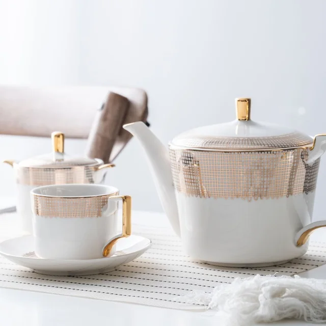 Kávékészlet Csont Arany Háló Vonalak Italok Porcelán Teáskanna Teáscsésze Kerámia Bögre Cukros Tál Tejszínes Kancsó Kávéfőző - Image 2