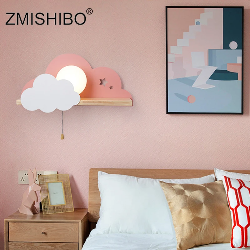 ZMISHIBO облачный светодиодный настенный светильник в скандинавском стиле для детей, мальчиков и девочек, прикроватная лампа для спальни, креативный деревянный веревочный переключатель, полка для чтения, настенный светильник