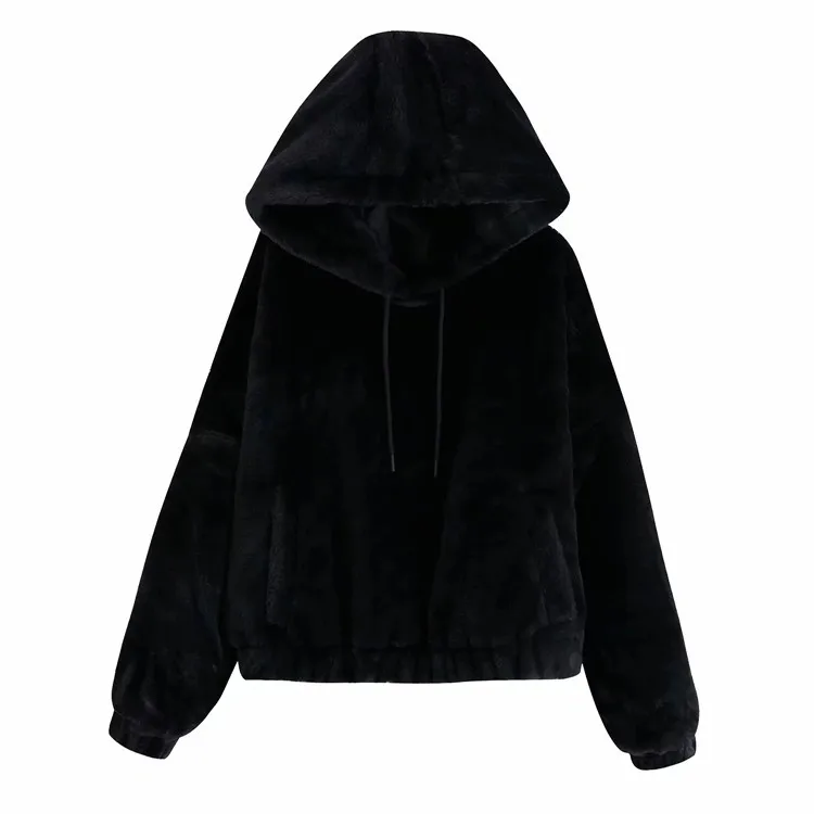 Ph68 Artificial Fur Clothing Effect Pocket Hoodie Women's Pullover Coat