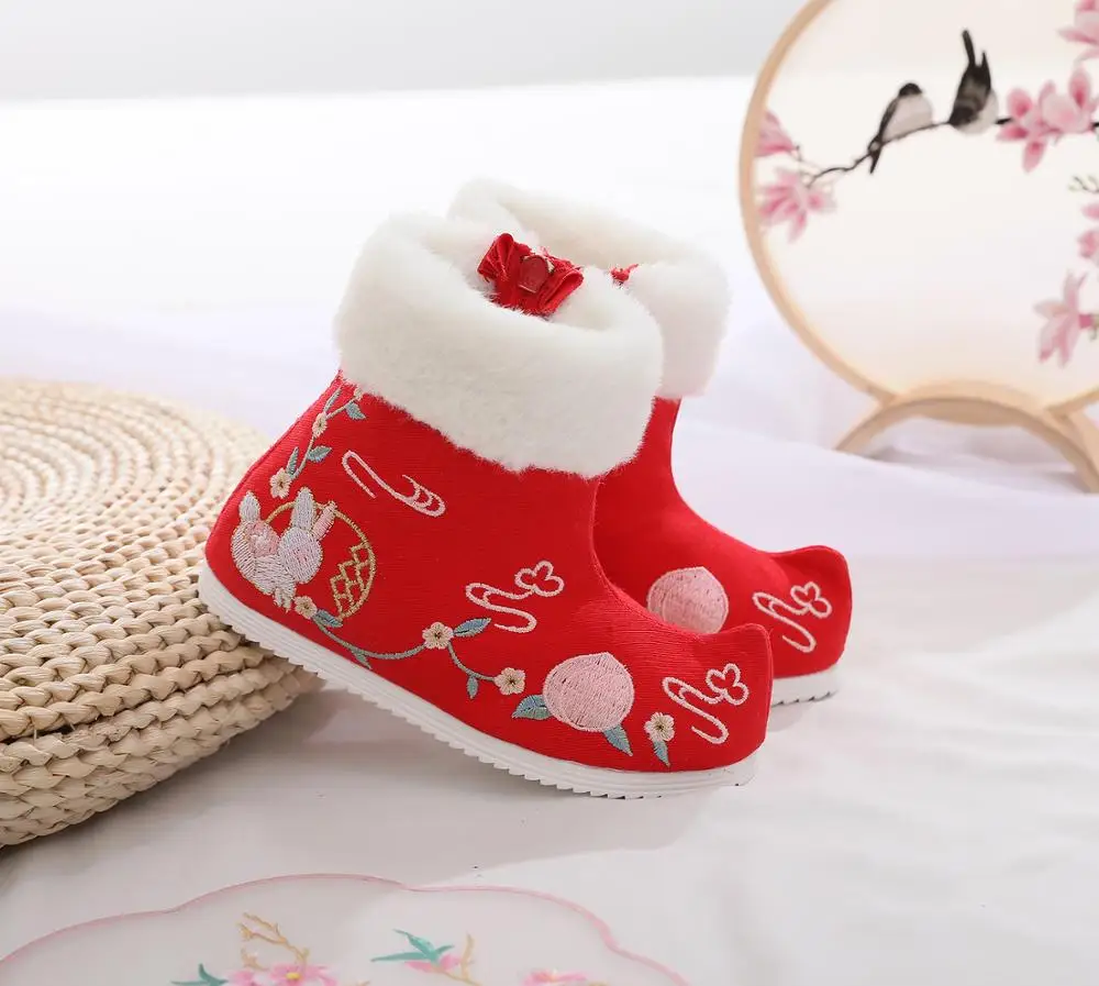 Детские фетровые сапоги для девочек; зимняя обувь; детские зимние сапоги; Китайская традиционная модная теплая обувь; обувь для малышей - Цвет: Red