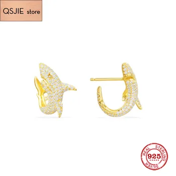 

QSJIE Fashion Charm Sterling Silver Original 1:1 Copy,Yellow Silver Shark Stud Earrings Luxury Jewelry Gift For Female