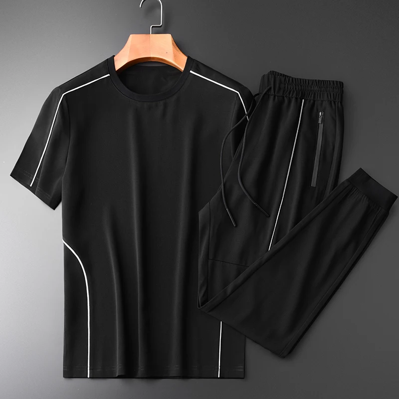Minglu мужские комплекты(T-SHIRTS+ брюки) роскошный белый дизайн Lipping летние спортивные мужские комплекты размера плюс 4xl Повседневный тонкий мужской комплект с брюками