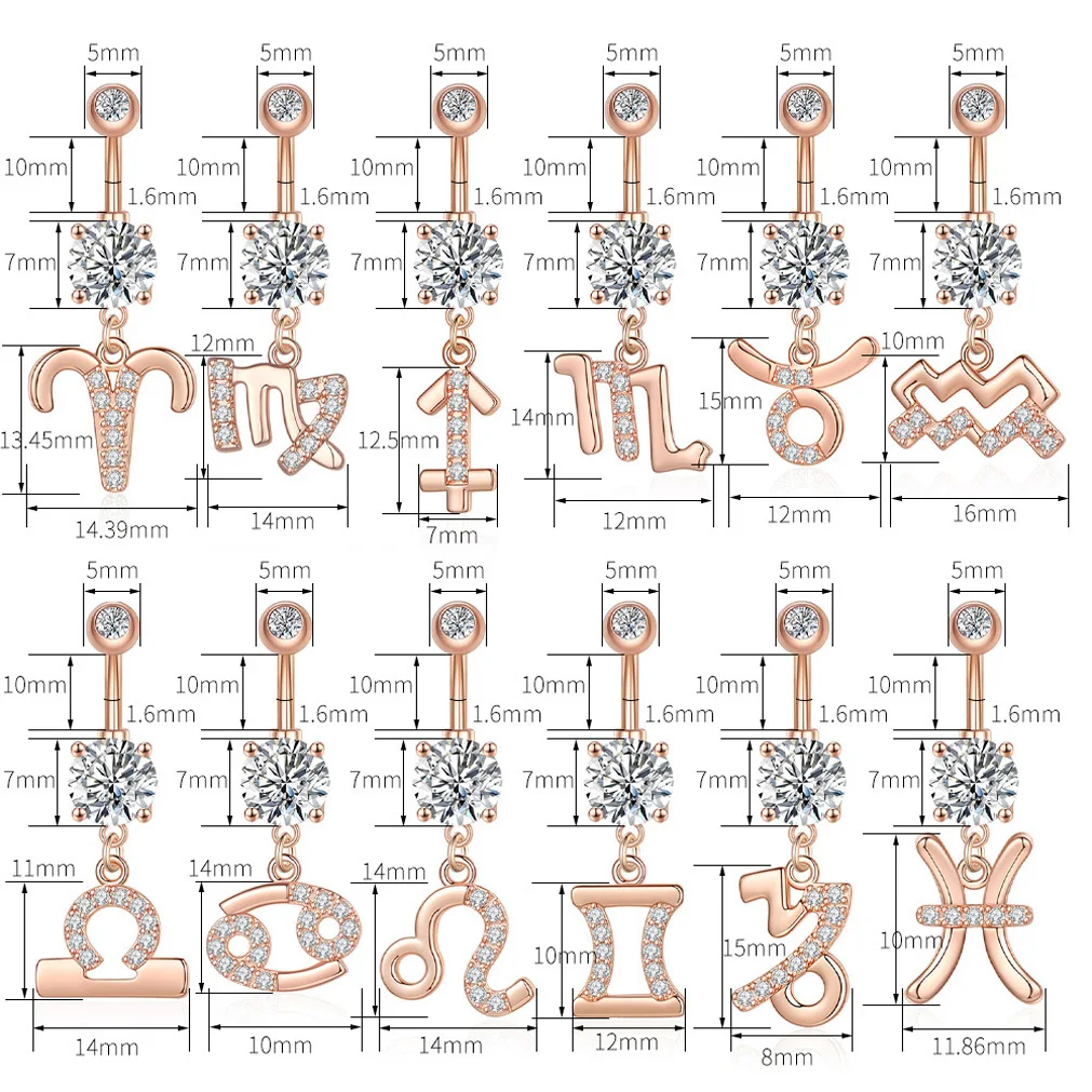 12PCS Constellations Piercing Belly Button Bars Set Navel Ring Stud for Women Surgical Steel Post Sexy Piercings Jewelry 14G