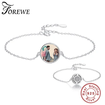 

100% 925 Sterling Silver Chain Bracelet for Women Forever Love Crystal Bracelets Personalized Custom Round Photo Wedding Jewelry