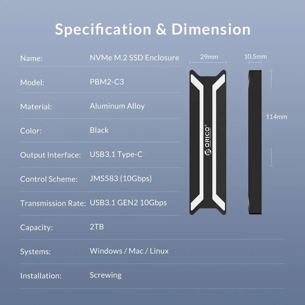 ORICO NVME M.2 корпус SSD из алюминиевого сплава Тип C USB 3,1 Поддержка 10 Гбит/с UASP M.2 USB NVME корпус алюминиевый жесткий диск коробка
