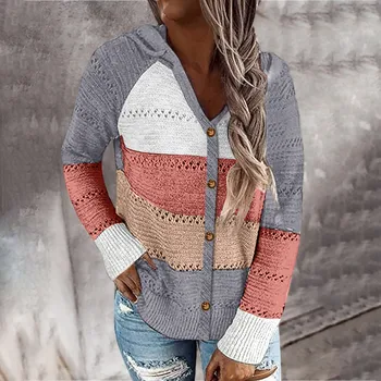 

Ladie Tops Women Fashion Striped Color Block Long Sleeve Loose Hooded Knitted Button Cardigan Hooded Sweater Coat Mujers