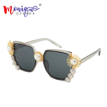 

Luxury Oversized Women Sunglasses Big Diamond Brand Designer Rhinestone Square Sunglasses for Ladies Flower with Pearl Eyewear
