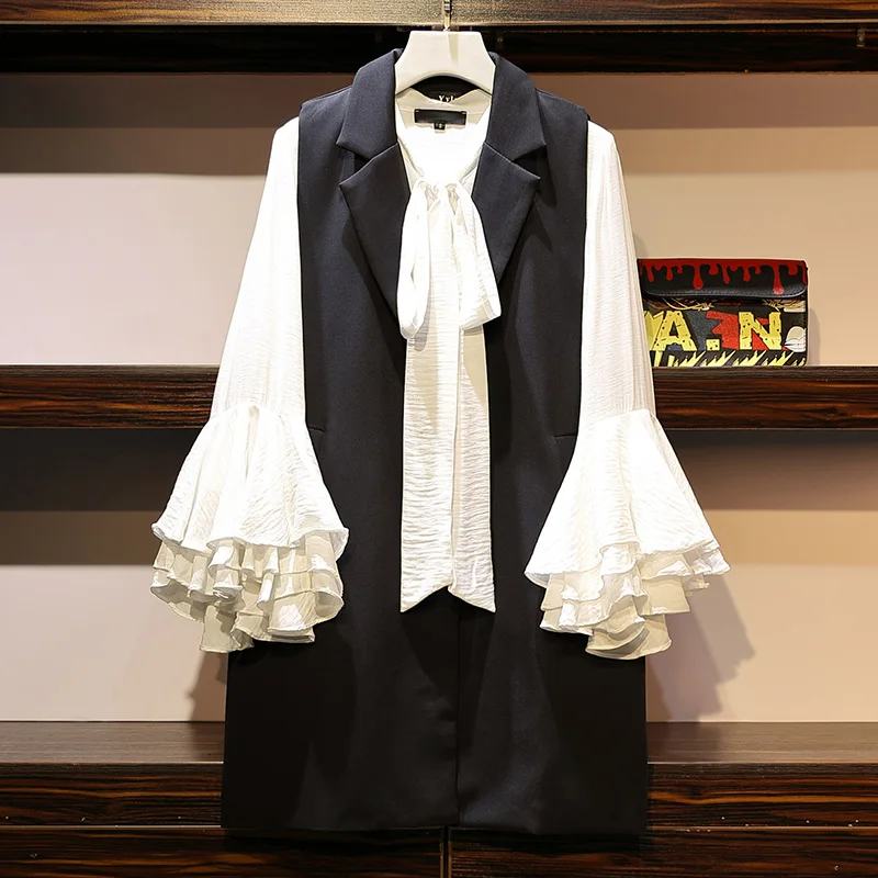 Trytree/осенний женский костюм из двух предметов, повседневный жилет с отложным воротником на одной пуговице+ блузка, рукав-лепесток, офисный костюм для дам, комплект из 2 предметов - Цвет: Black Set