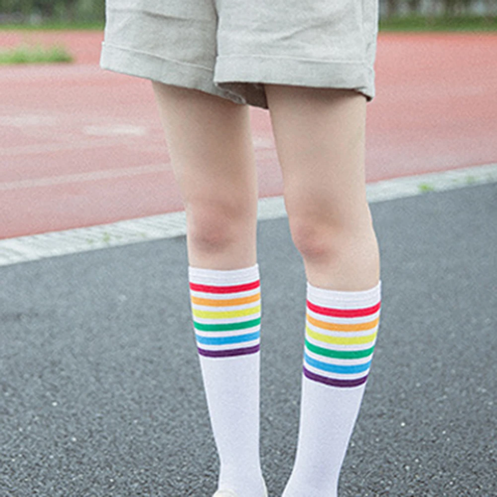 New 1 Pair Women Black White Leg Sock Autumn Winter Thigh High Socks Rainbow Stripe Wind Sport Socks Hosiery