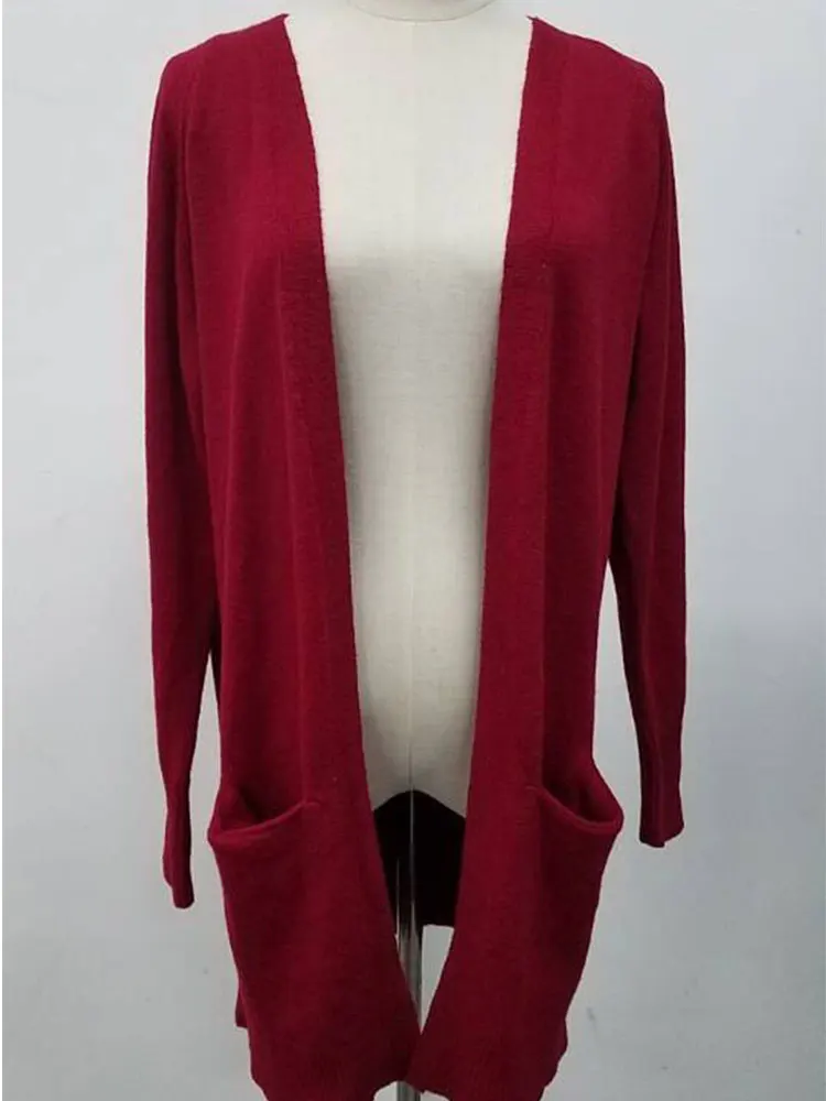 Women's sweater long solid color large pocket knit cardigan sweater