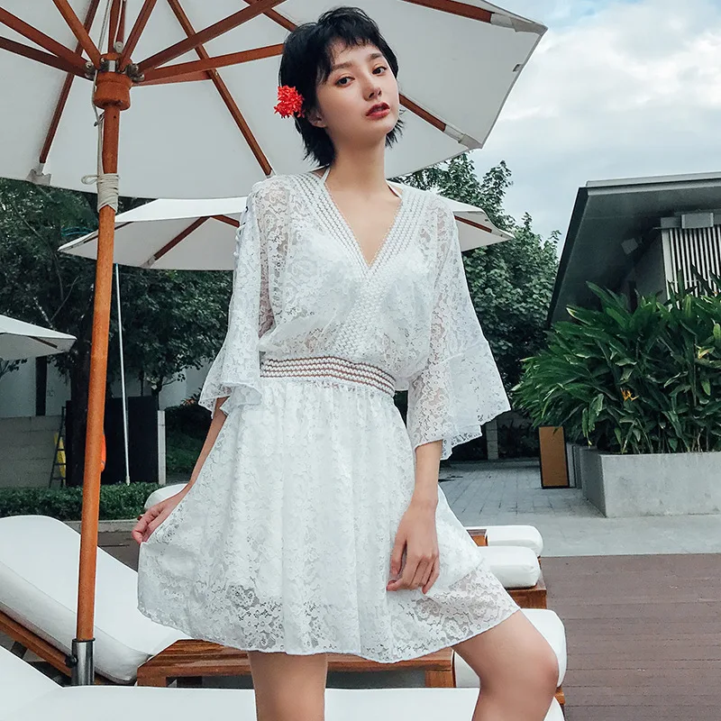 

New Style Split Type Three-piece Set Tour Bathing Suit Hot Springs Graceful Slimming Belly Covering Sexy Lace Split Skirt-Style