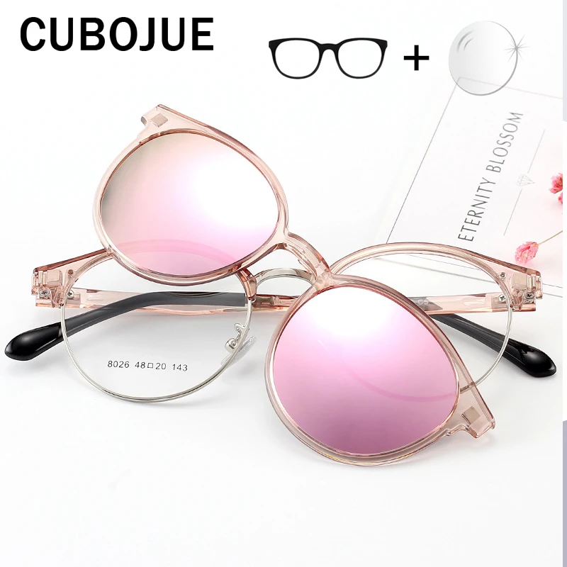 Cubojue Women's Clip on Sunglasses Polarized Lens Round Glasses Frame Pink Blue