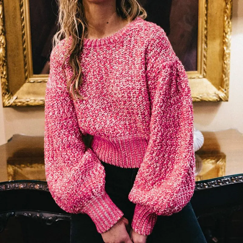 Pink Sweater Woman Winter 2019 Long Lantern Sleeve Round Neck Sweaters Solid Fashion Slim Knitted Pullovers Short Tops | Женская одежда