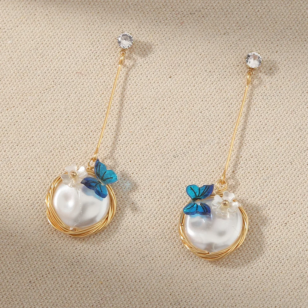 Medieval S925 Needle Pure White Imitation Baroque Pearl Long Tassel Earrings Handmade Butterfly Flower Fresh | Украшения и