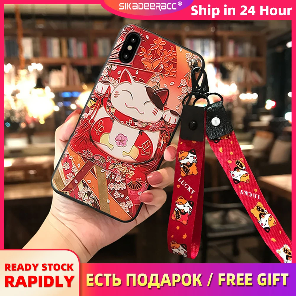 Модный милый чехол для телефона iPhone 6 6s 7 8 Plus X XS MAX XR Lanyard Lucky Cat Мягкий Силиконовый